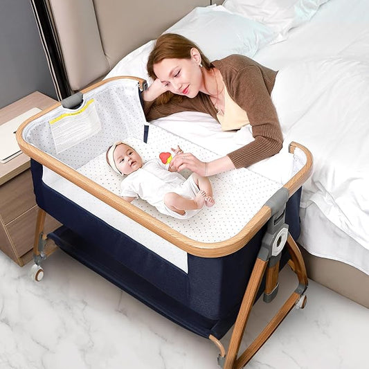 Baby Bassinet Bedside Sleeper, 3 in 1 Baby Bassinet, Breathable Mesh Rocking Bassinets with Comfy Mattress and Wheels, 6 Height Adjustable Easy Assemble & Folding Portable Baby Cradle