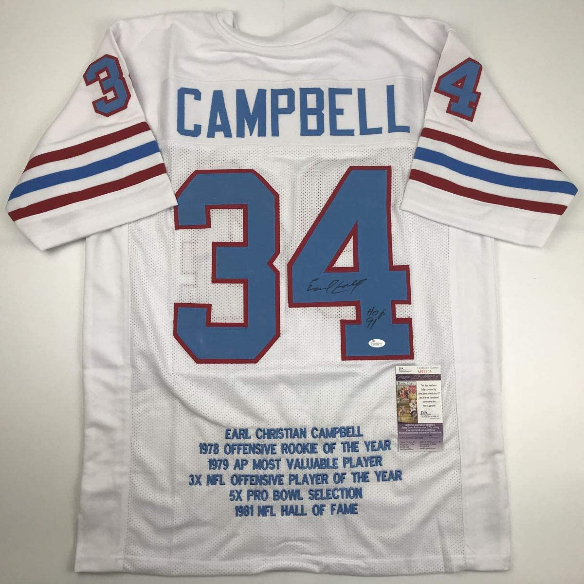 Autographed/Signed Earl Campbell HOF 91 Houston White Stat Football Jersey JSA COA