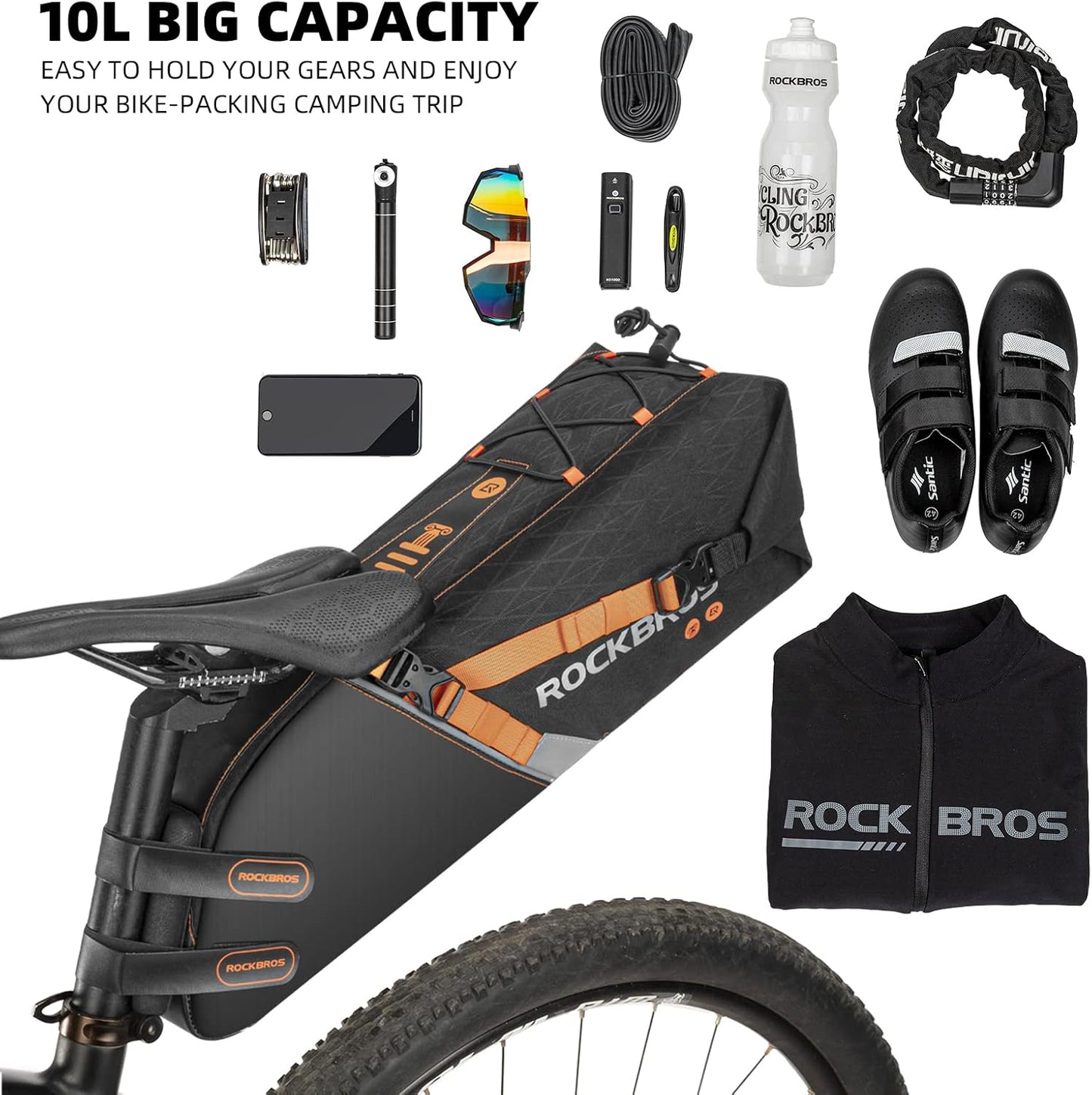 ROCKBROS 10L Waterproof Bike Saddle Bag Large Capacity Easy Install