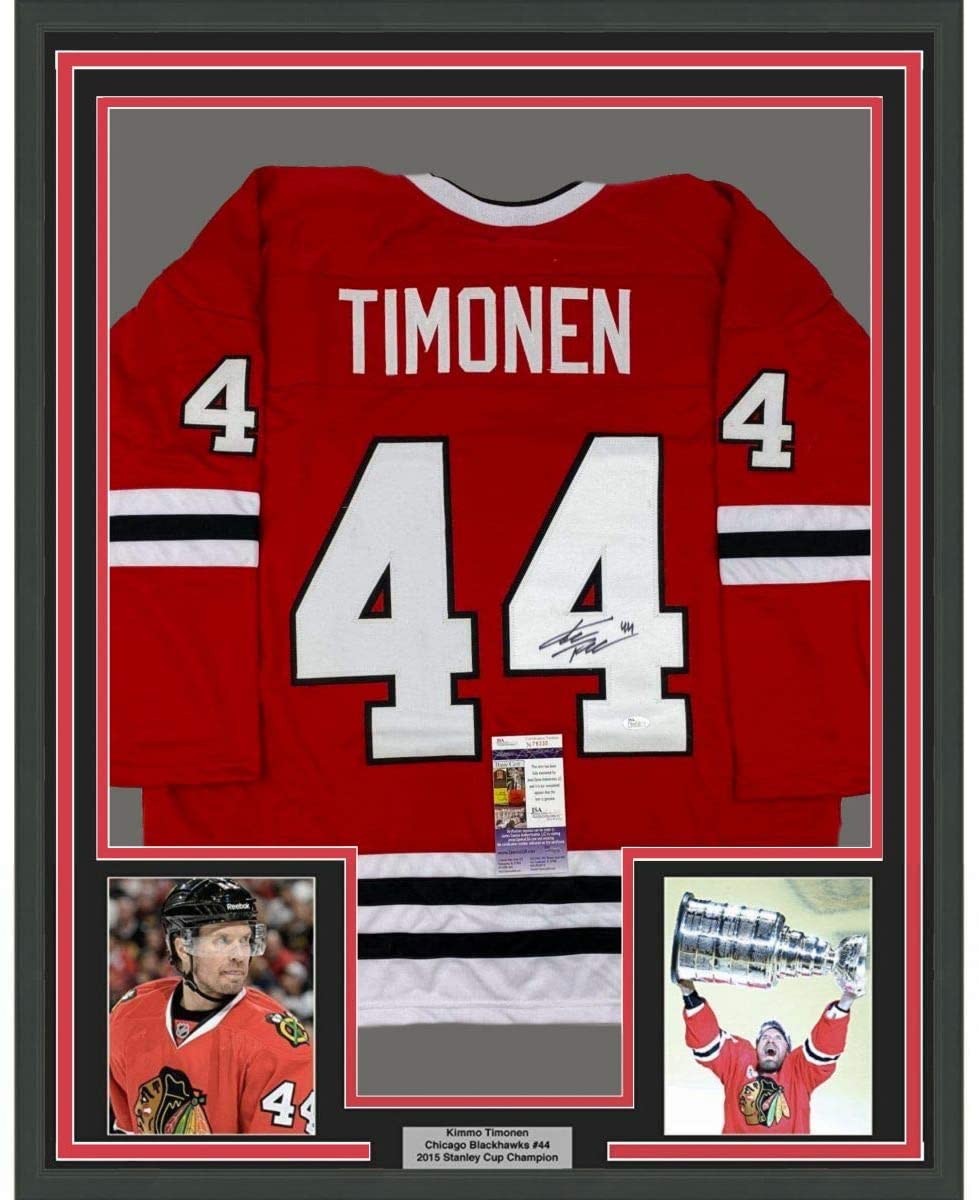 Framed Autographed/Signed Kimmo Timonen 35x39 Chicago Red Hockey Jersey JSA COA