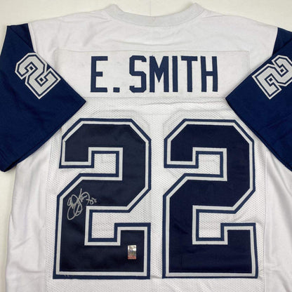 Autographed/Signed Emmitt Smith Dallas White Football Jersey GTSM COA Hologram Only