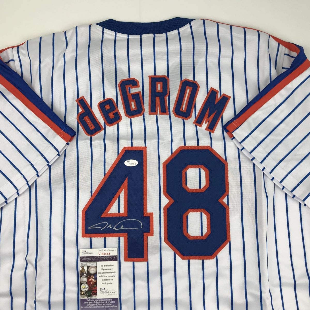 Autographed/Signed Jacob DeGrom New York NY Pinstripe Baseball Jersey JSA COA