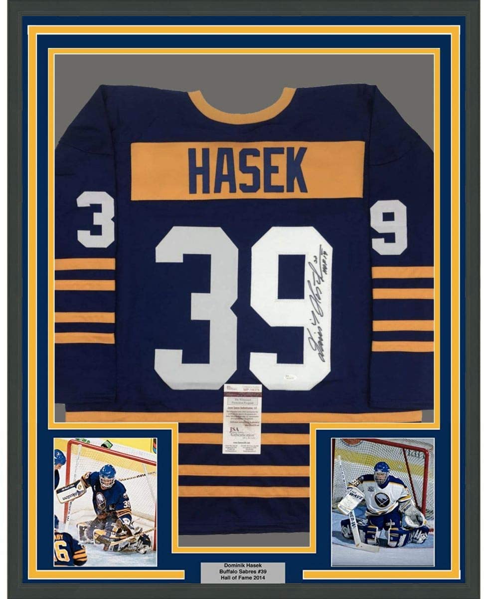 Framed Autographed/Signed Dominik Hasek HOF 14 35x39 Buffalo Alternate Blue Hockey Jersey JSA COA