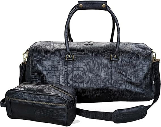 21" Leather Travel Duffel Bags for Men and Women with Toiletry Bag and Shoe Compartment Genuine Buffalo Leather Overnight Weekend Black Leather Vintage Luggage Sports Gym Duffle Bag