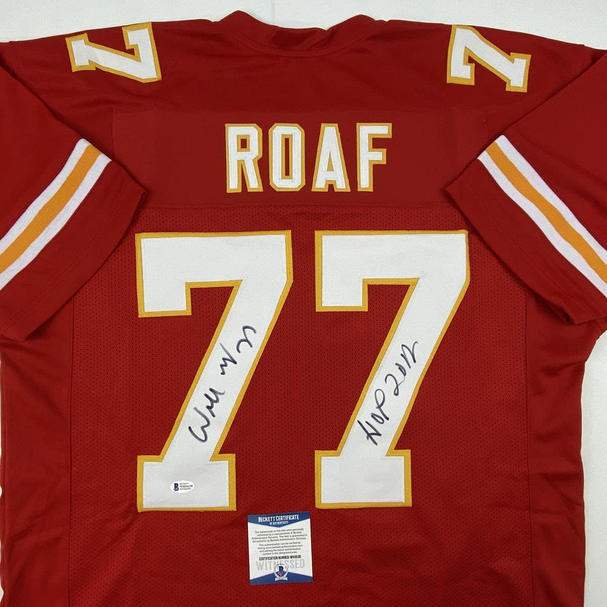 Autographed/Signed Willie Roaf HOF 2012 Kansas City Red Football Jersey Beckett BAS COA