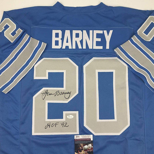 Autographed/Signed Lem Barney HOF 92 Detroit Blue Football Jersey JSA COA