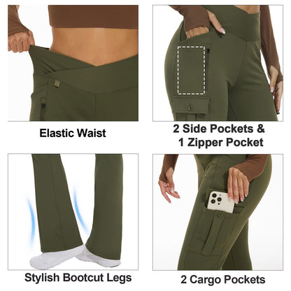 Flare Leggings for Women Yoga Crossover High Waist Pants with Tummy Control Workout Cargo with 5 Pockets Bootcut Leggings,Army Green(XL)