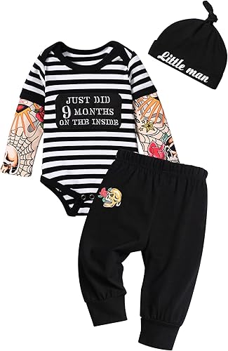 Baby Boy Clothes Tattoo Sleeve Funny Romper Bodysuit+Pants 3PCS Infant Outfits Set
