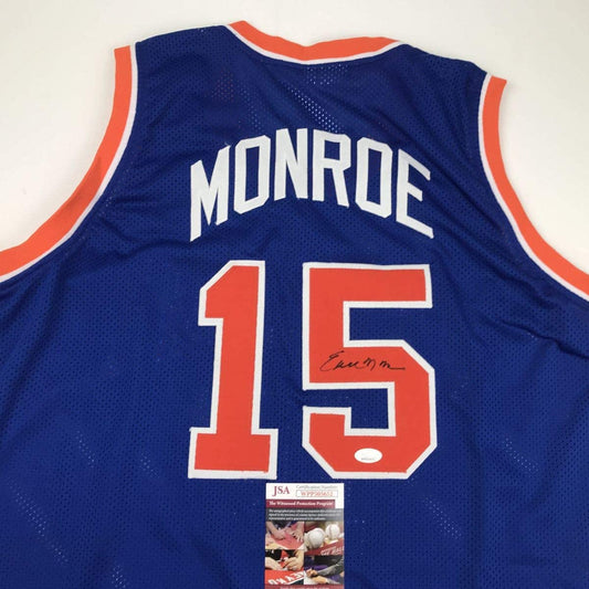 Autographed/Signed Earl Monroe New York Blue Basketball Jersey JSA COA