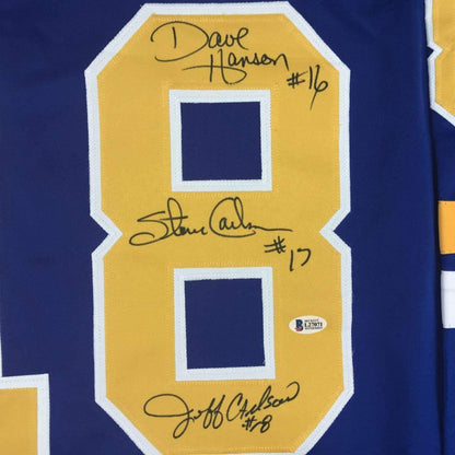 Autographed/Signed Hanson Brothers Chiefs Slap Shot Movie #18 Blue Hockey Jersey Beckett BAS COA