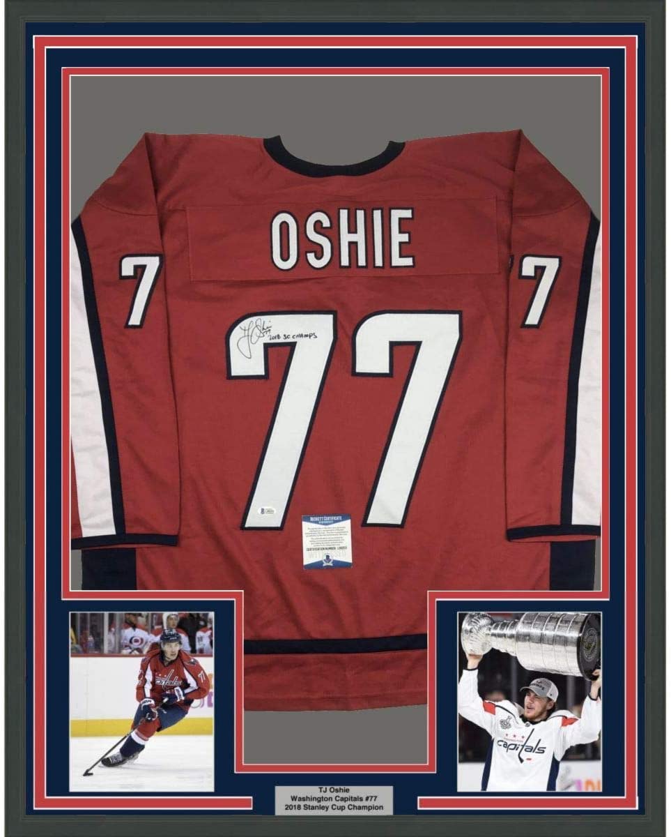 Framed Autographed/Signed TJ T.J. Oshie 2018 SC Champs 35x39 Washington Red Hockey Jersey Beckett BAS COA