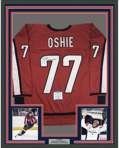 Framed Autographed/Signed TJ T.J. Oshie 2018 SC Champs 35x39 Washington Red Hockey Jersey Beckett BAS COA