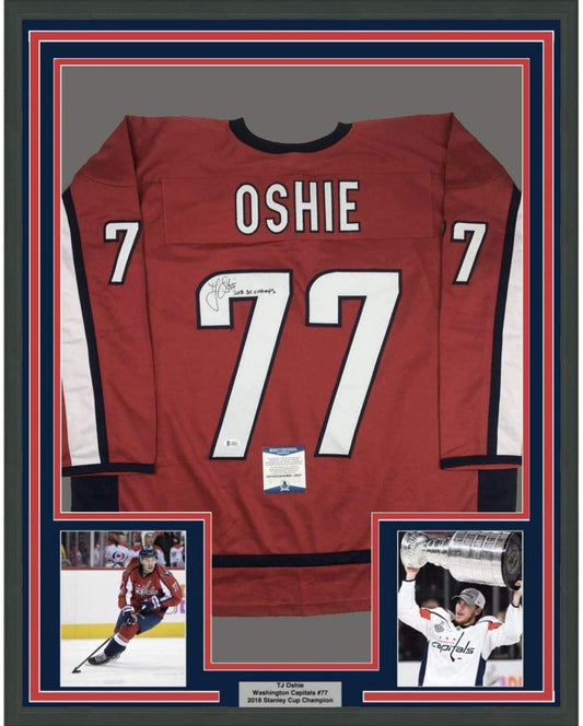 Framed Autographed/Signed TJ T.J. Oshie 2018 SC Champs 35x39 Washington Red Hockey Jersey Beckett BAS COA