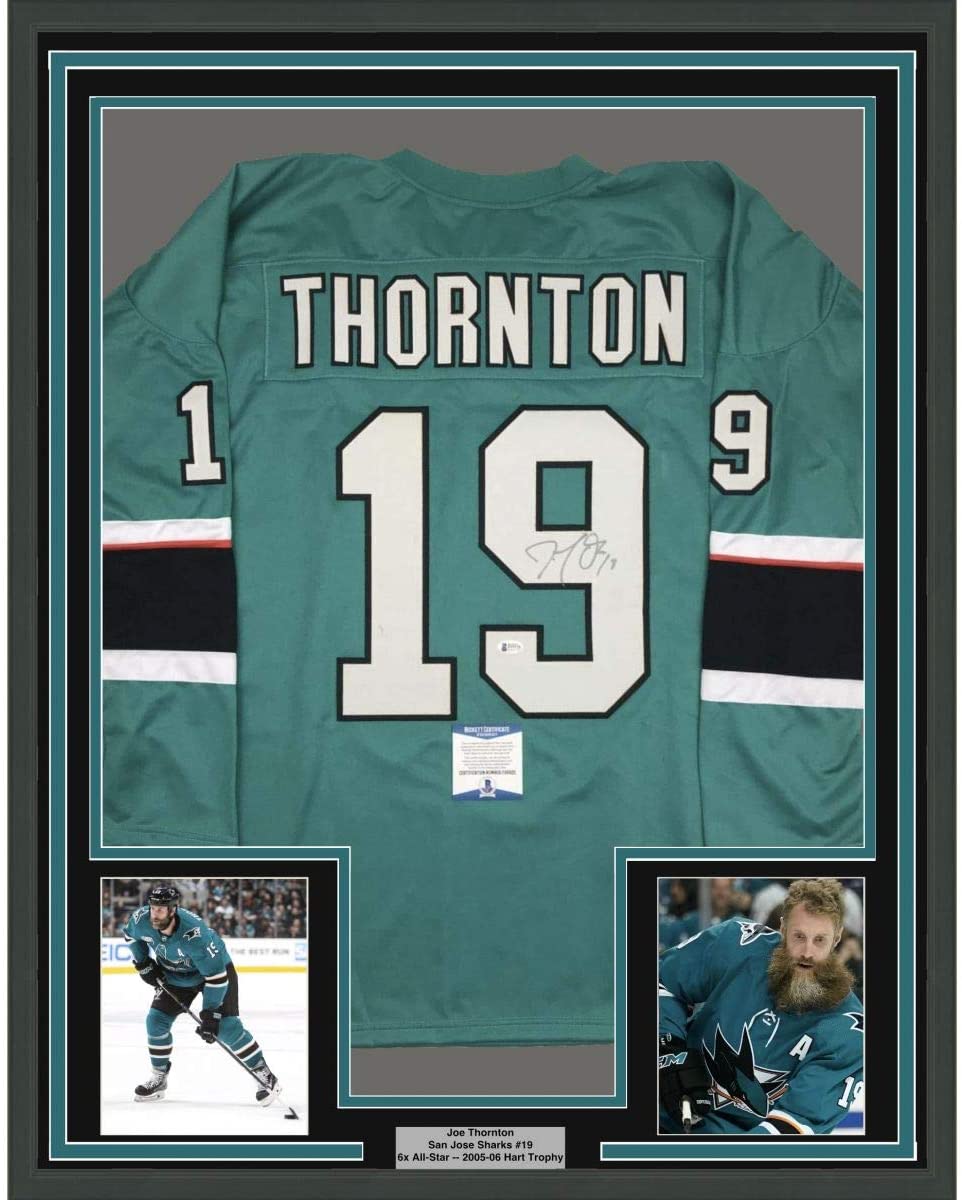 Framed Autographed/Signed Joe Thornton 35x39 San Jose Green Hockey Jersey Beckett BAS COA