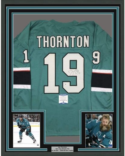 Framed Autographed/Signed Joe Thornton 35x39 San Jose Green Hockey Jersey Beckett BAS COA