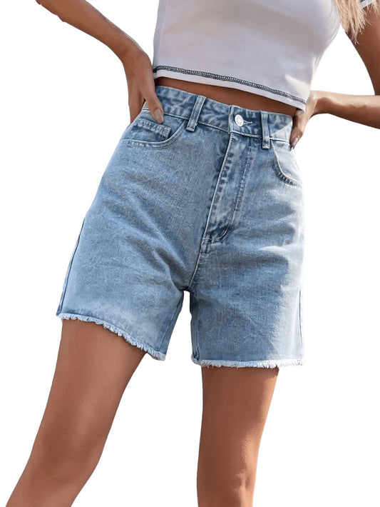 SweatyRocks Women's High Waist Denim Shorts Straight Leg Raw Hem Jean Shorts Summer Hot Pants with Pockets Light Wash M