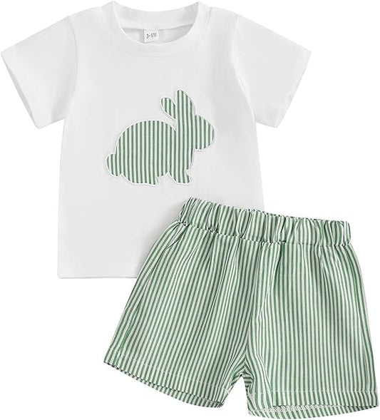 Lamuusaa Toddler Baby Boy Easter Outfit Short Sleeve Bunny/Truck Carrot T-shirt Stripe/Plaid Shorts 2Pcs Summer Clothes 3M-3T