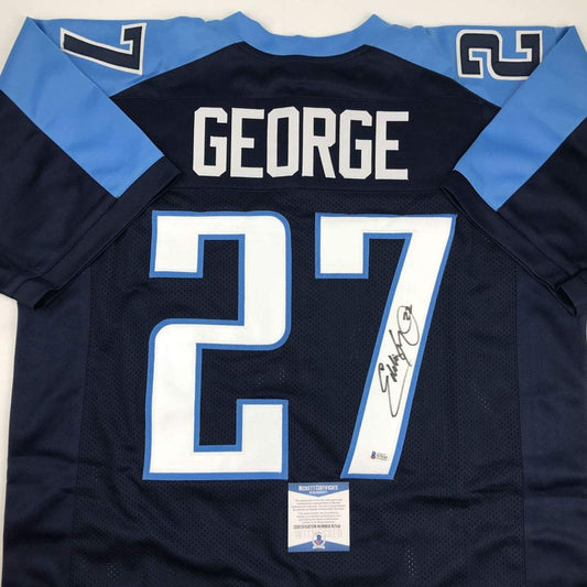 Autographed/Signed Eddie George Tennessee Dark Blue Football Jersey Beckett BAS COA