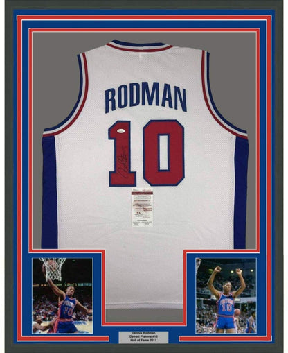 Framed Autographed/Signed Dennis Rodman 35x39 Detroit White Basketball Jersey JSA COA