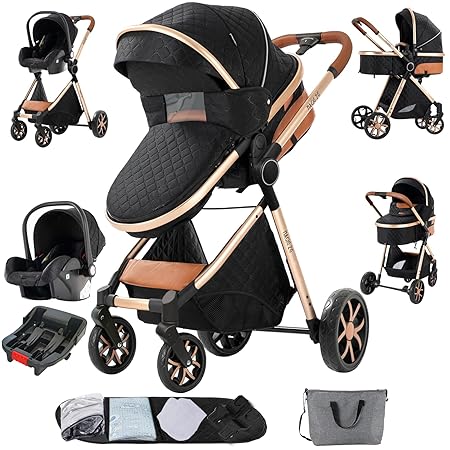 3 in 1 Baby Stroller Travel System Combo Set, Reversible Infant Stroller with One-Click Folding, Convertible Newborn Pram Toddler Carriage with Aluminum Frame (UDV9-BLACKGOLD with Base)