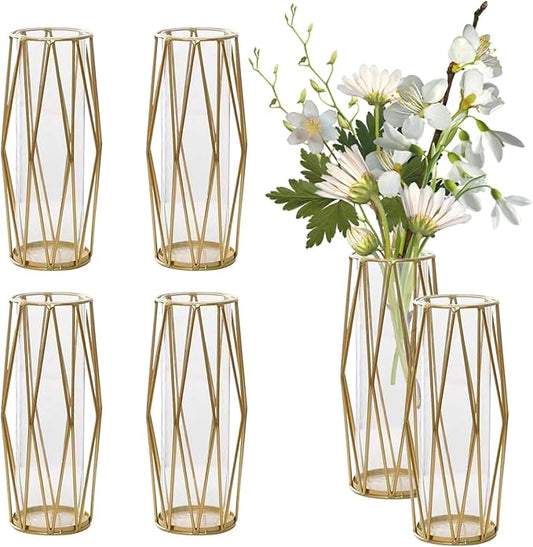 6 PCS Gold Modern Flower Vases for Centerpieces, Modern Geometric Vases for Flowers, Wide Big Tall Geometric Vases for Flowers, for Centerpieces Dining Room Table Wedding 11Inch