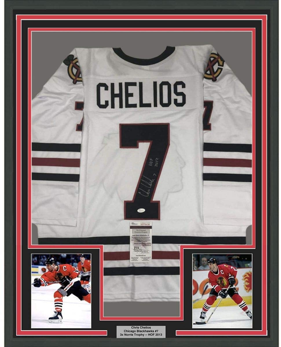 Framed Autographed/Signed Chris Chelios HOF 2013 35x39 Chicago White Hockey Jersey JSA COA