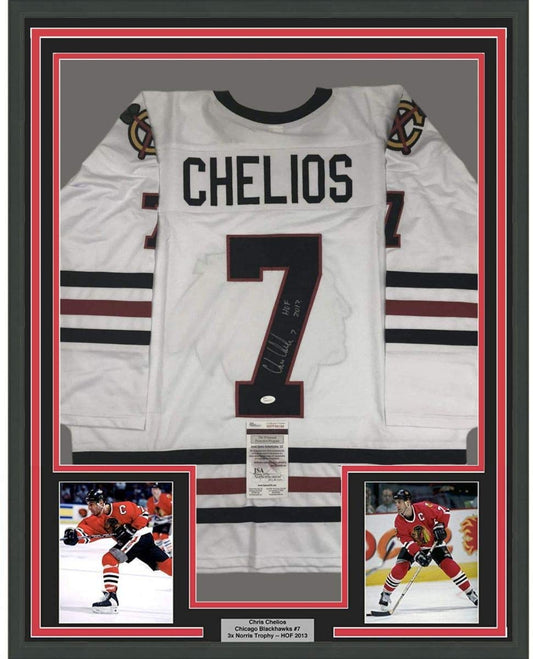 Framed Autographed/Signed Chris Chelios HOF 2013 35x39 Chicago White Hockey Jersey JSA COA