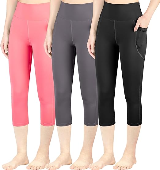 BIG ELEPHANT 3 Packs Girls Capri Leggings with Pockets, High Waisted Yoga Pants Athletic Running Dance Workout for Kids