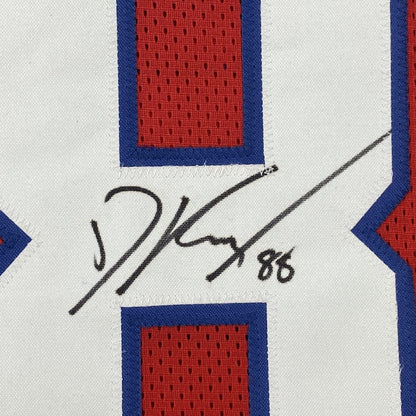 Framed Autographed/Signed Dawson Knox 35x39 Buffalo Red Football Jersey JSA COA