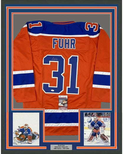 Framed Autographed/Signed Grant Fuhr 35x39 Edmonton Orange Hockey Jersey JSA COA
