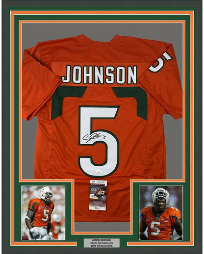 Framed Autographed/Signed Andre Johnson Miami Orange 35x39 College Football Jersey JSA COA