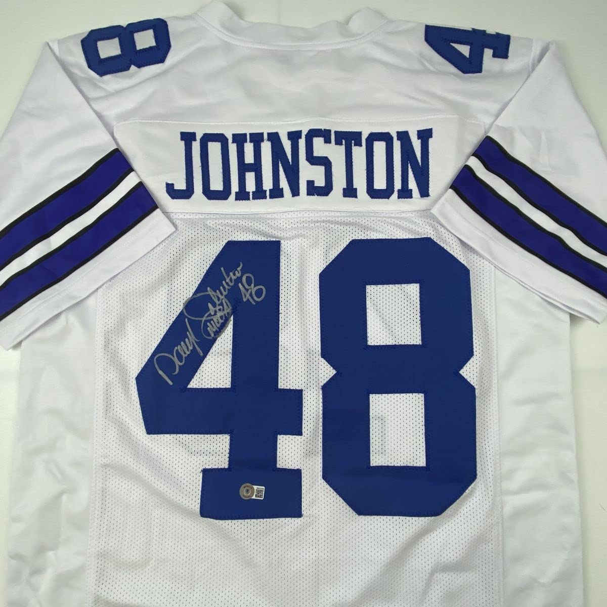 Autographed/Signed Daryl Moose Johnston Dallas White Football Jersey Beckett BAS COA
