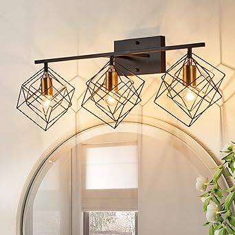 3 Lights Bathroom Vanity Light with 3 Bulbs, Industrial Bathroom Light Fixtures Over Mirror | Matte Black & Gold Metall with Unique Rotatable 3 Cube Shades, Modern Wall Mounted Rustic Vanity