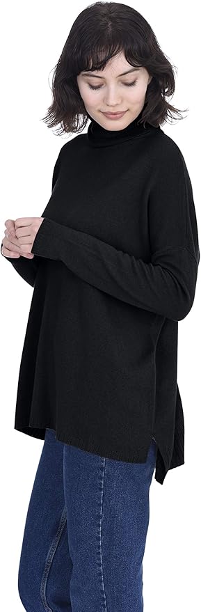 Cashmeren Women_Ñés Oversized Turtleneck Sweater with Side Slits 100% Pure Cashmere Long Sleeve Roll Neck Pullover
