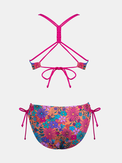 CUPSHE Women's 2 Piece Bikini Set Back Braided Straps with Reversible Bottom M, Magenta/Ditsy