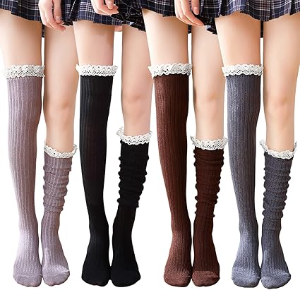 4 Pack Women Cotton Knit Boot Socks Knee High Socks Stockings with Lace Trim, Free size, Beige Black Coffee Green