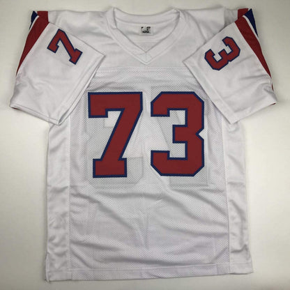 Autographed/Signed John Hannah HOF 91 New England White Football Jersey JSA COA