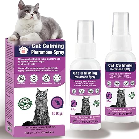 Cat Calming Pheromone Spray - Feline Calm Pheromones - Anti Anxiety Pet Products, Cats Reduces Scratching Furniture Peeing Marking Calming Cat for Fireworks, Travel, Vet Visits - 60 Day Kit (2 * 60 mL)