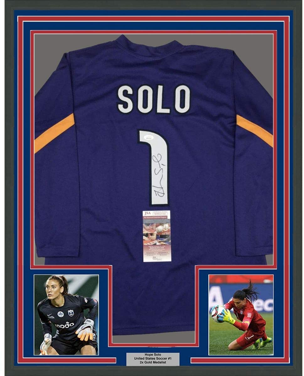Framed Autographed/Signed Hope Solo 35x39 Purple Long Sleeve Soccer Team USA World Cup Jersey JSA COA