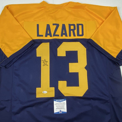 Autographed/Signed Allen Lazard Green Bay Retro Blue Football Jersey Beckett BAS COA