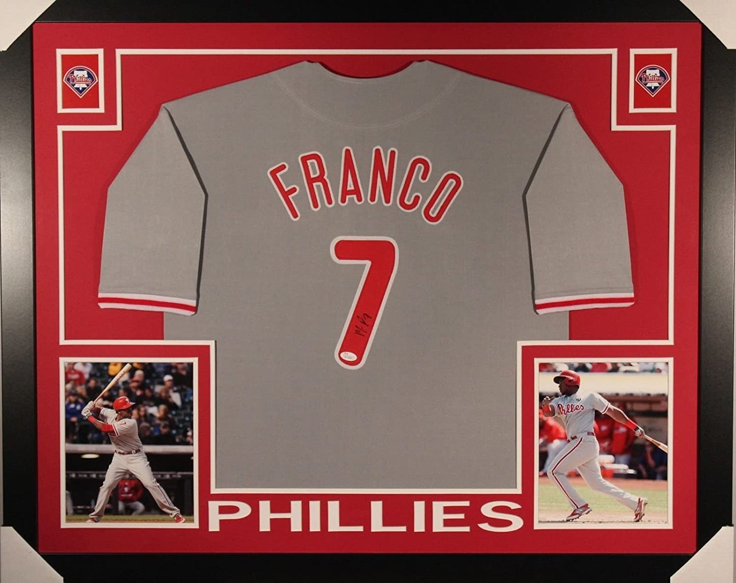 Autographed/Signed Maikel Franco Framed 35x43 Philadelphia Grey Baseball Jersey JSA COA