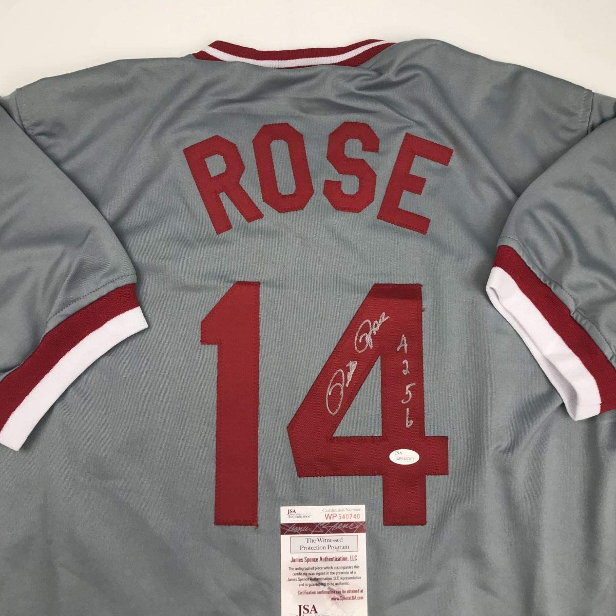 Autographed/Signed Pete Rose 4256 Cincinnati Grey Baseball Jersey JSA COA