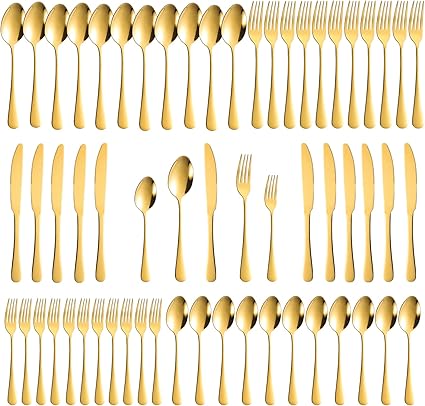 60-Piece Gold Silverware Set, Stainless Steel Flatware Cutlery Set Service for 12, Gold Utensils Tableware Cutlery Set for Home Restaurant, Mirror Finish, Dishwasher Safe (Gold)
