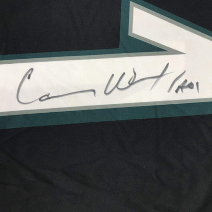 Autographed/Signed Carson Wentz Philadelphia Eagles Black Nike Dri Fit Football Jersey Fanatics COA