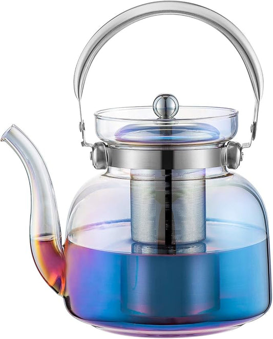 50 oz(1500ml) Glass Teapot Kettle with Lid, Removable Stainless Steel Infuser and Handle, Stovetop Safe Tea Maker for Blooming and Loose Leaf Tea‰__Iridescent‰__