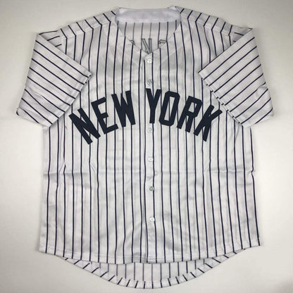 Autographed/Signed Reggie Jackson New York NY Pinstripe Baseball Jersey JSA COA