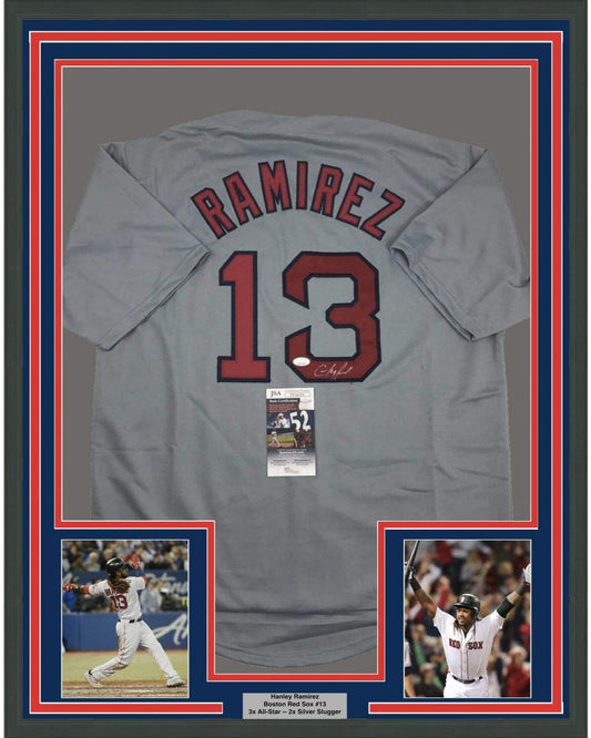 Framed Autographed/Signed Hanley Ramirez 35x39 Boston Grey Baseball Jersey JSA COA