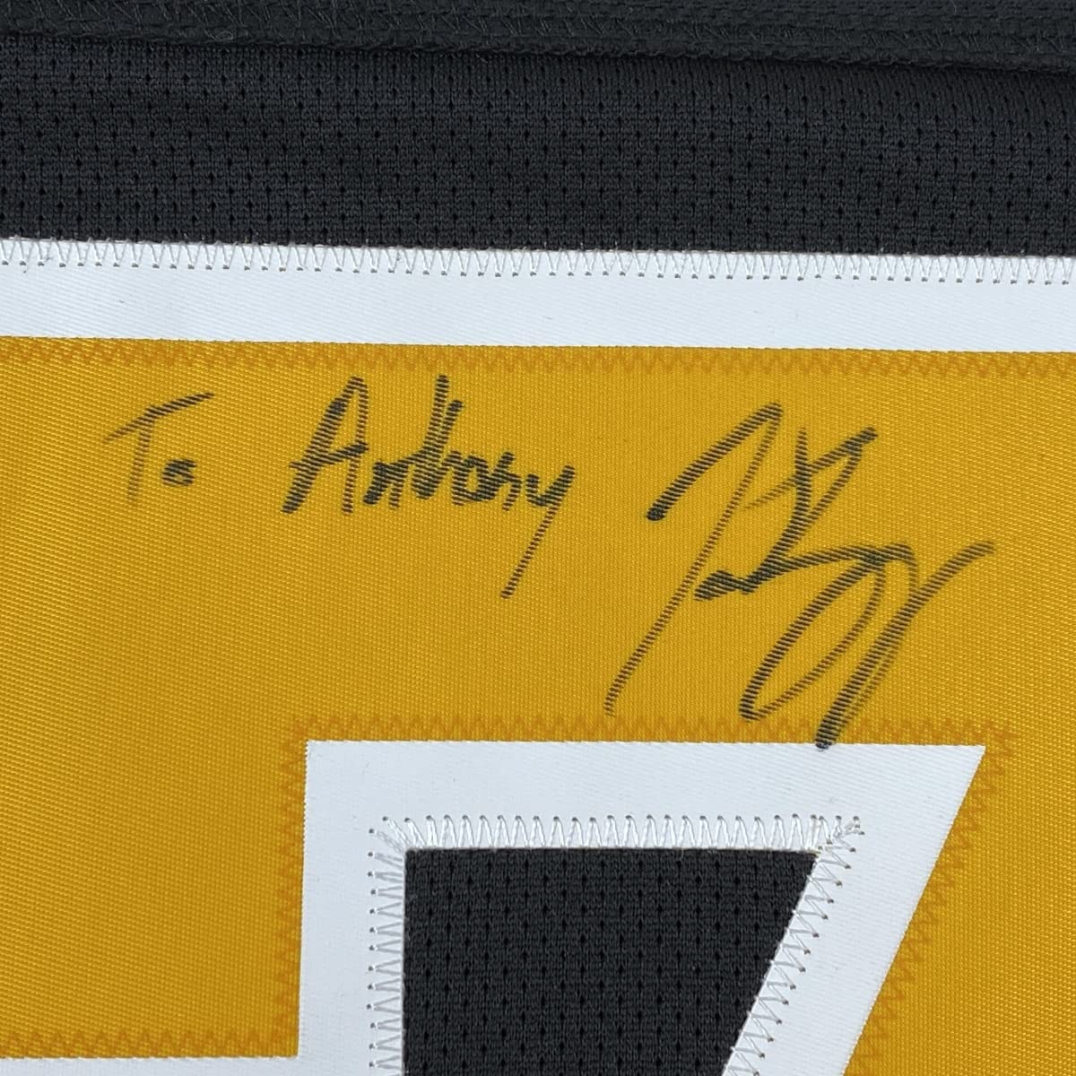 Autographed/Signed Patrice Bergeron Personalized To Anthony Boston Bruins Black Hockey Jersey JSA COA