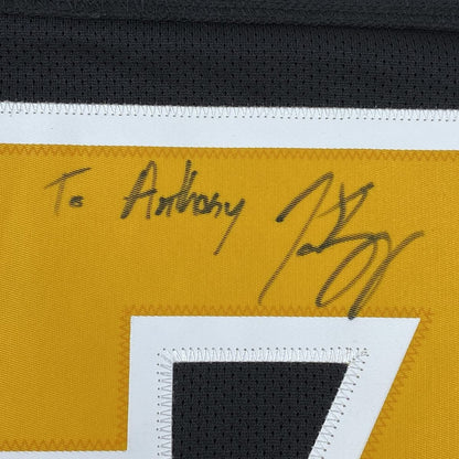 Autographed/Signed Patrice Bergeron Personalized To Anthony Boston Bruins Black Hockey Jersey JSA COA