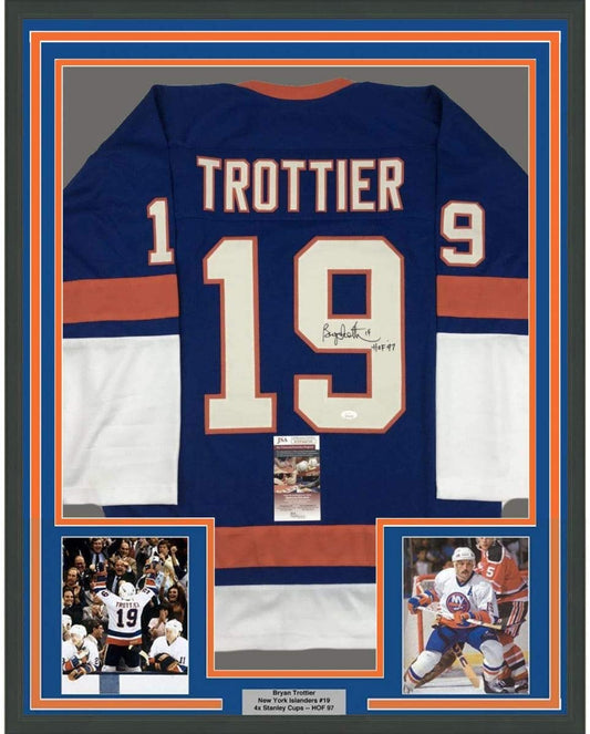 Framed Autographed/Signed Bryan Trottier HOF 97 35x39 New York Blue Hockey Jersey JSA COA